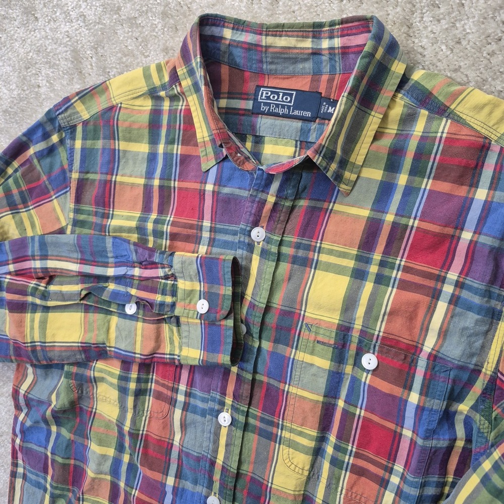 Polo Ralph Lauren Shirt Linen Silk Mens Medium Madras Plaid Red Blue Button Up